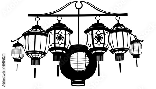 group of vintage japanese lantern silhouettes with traditional shapes on white