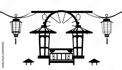 set of traditional japanese lantern silhouettes hanging in row on white background