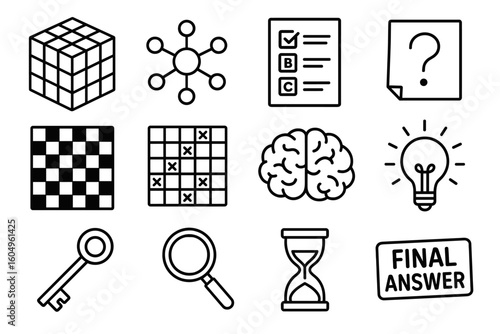 Puzzle and brain teaser icons: cubes, strategy, brain, light bulb, key, magnifying glass, hourglass