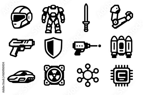 Futuristic technology icons set including armor, weapons, jetpack, robotics, and cybernetics