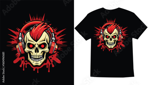 Skull with headphones and red mohawk graphic design for t shirt