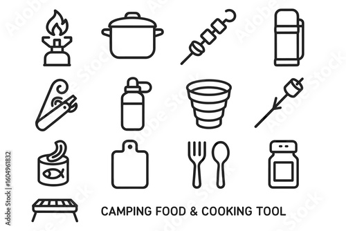 Camping cooking tools: stove, pot, skewer, flask, knife, bottle, collapsible cup, marshmallow, fish can, cutting board, utensils, salt