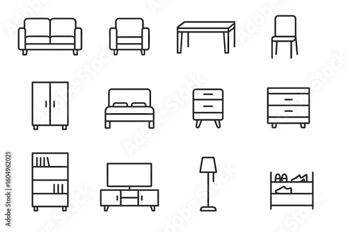 Minimalist furniture icons: sofa, table, chair, bed, wardrobe, lamp, bookshelf, tv unit