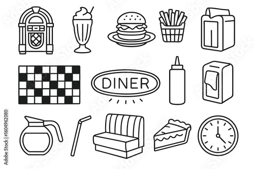 Retro diner icons: jukebox, milkshake, burger, fries, pie, ketchup, booth, clock, coffee pot