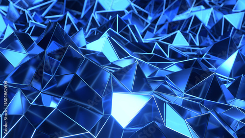 青色の光沢を放つポリゴンが構成する未来的で抽象的な3Dデジタル背景
