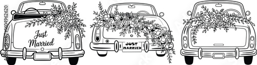 Just Married Car Clipart Bundle, Floral Wedding Vehicle Line Art Illustrations.