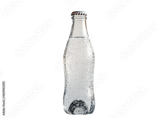 Close-up of a glass bottle filled with carbonated water.