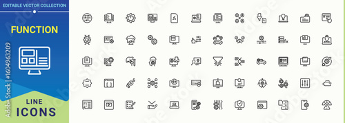 Function line icon set. Icons for website. Vector illustration. Pixel perfect. Cogwheel icon set. Contains such icons as specification, tech, overview and more.