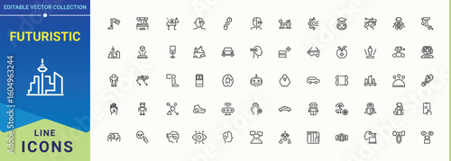 Futuristic line icon set. Minimal linear icons. Contain linear sign future, virtual, meta verse, ar, cyberspace, cyber. Pictogram and infographic. Virtual Reality simple icon set.