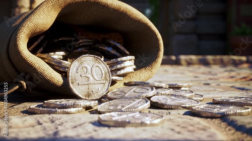 Treasure coins spilling from a burlap sack