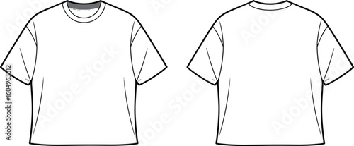 Oversized Unisex T-Shirt Fashion Flat Sketch Template, Drop Shoulder Crew Neck Top, Blank Apparel Design, Technical Drawing Illustration, Loose Fit Casual Wear Vector.
