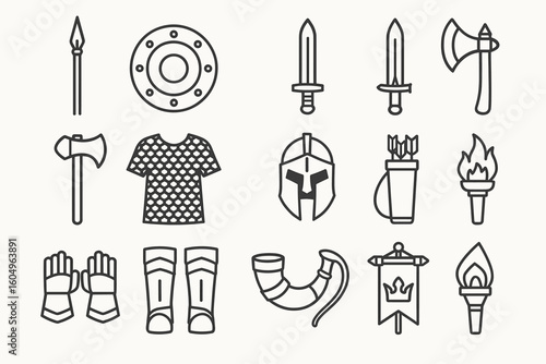 Medieval weaponry and armor icons: swords, shields, axes, helmets, and more