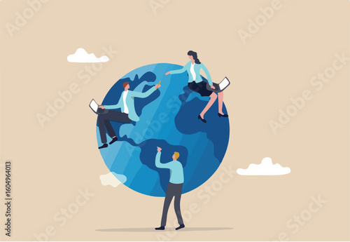 Work from anywhere around the world, remote working or freelance, international company or global business concept, business people sitting around world map on globe working with online computer