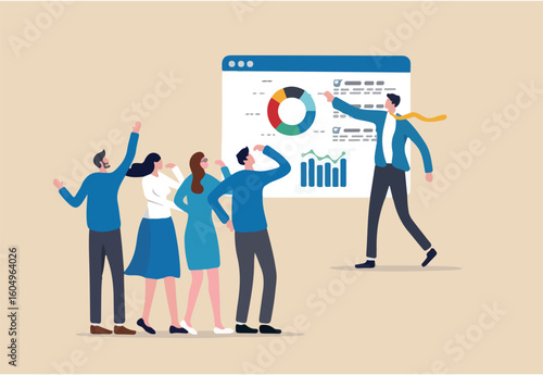 Staff training, seminar or workshop to learn new skills, coaching or team discussion, business course, meeting or consulting concept, smart businessman coaching with presentation to company employees