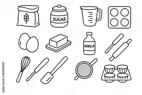 Baking essentials: ingredients and tools line art illustration