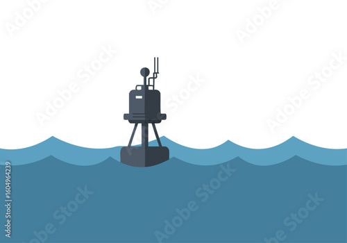 A modern energy buoy floats on a blue ocean. The buoy features sensors and emits light. Clean, flat design illustration for energy, technology, and marine concepts.