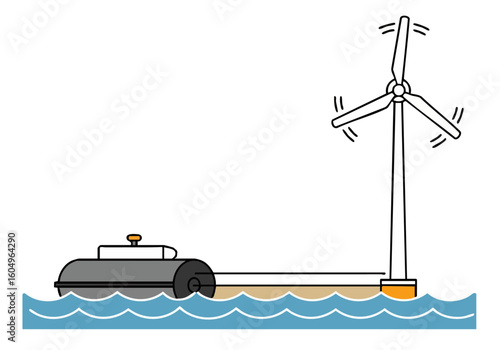 stylized illustration depicts a power roller generating electricity with a wind turbine connected to a floating platform Clean lines and a modern aesthetic create a visually appealing design