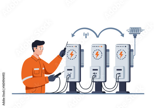 A technician tests a wireless power transfer system, connecting it to solar panels and multiple charging stations. Modern, clean illustration.