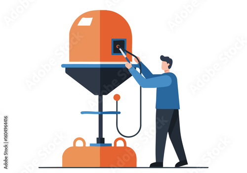 A technician troubleshoots a buoy with an Assoriter WEC. Detailed illustration showcasing repair work and technical equipment. Modern, clean style.