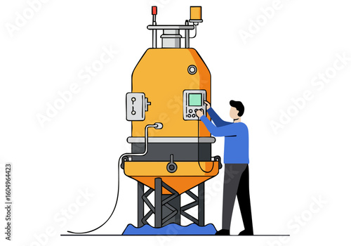 A technician troubleshoots a buoy offshore. Modern illustration depicts maintenance on a floating structure, highlighting technical expertise and maritime operations.