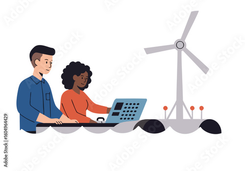Two professionals collaborate on a laptop while overlooking a wind turbine, symbolizing sustainable energy. Modern, bright, and focused teamwork.