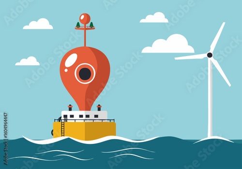 vibrant illustration showcases wave and wind power technologies offshore A stylized buoy and wind turbine highlight sustainable energy solutions against a blue sky backdrop Modern clean design