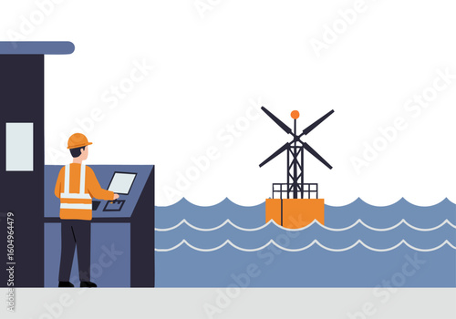 A worker monitors a buoy offshore, observing data on a tablet. Clear composition, modern setting, and professional focus. Ideal for maritime, technology, and safety visuals.