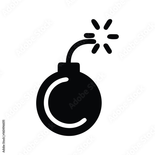 Classic black silhouette of a round bomb with a lit fuse and sparks symbolizing danger and explosion