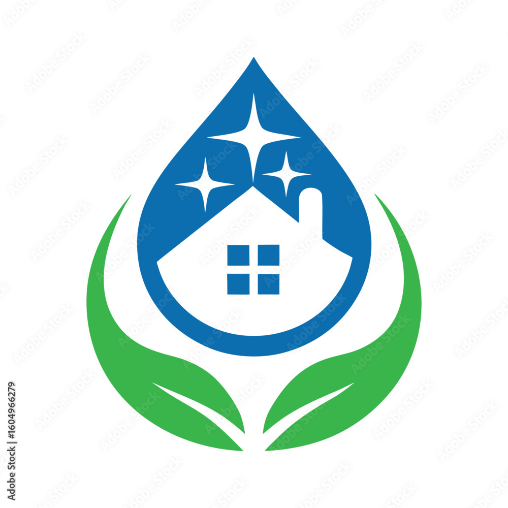 Blue water drop with white house and green leaves logo home clean Blue water drop with white house and green leaves logo home clean