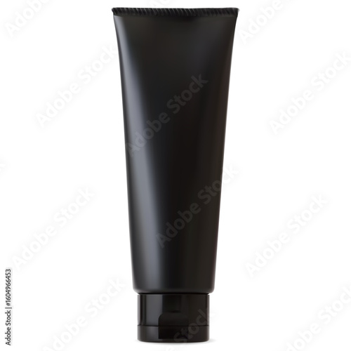 Black cosmetic cream tube blank, men care lotion package template. Luxury man hygiene product design, shave moisturizer tube. Natural spa treatment, realistic black plastic jar