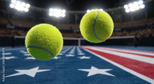 Tennis balls mid-air above the surface of tennis court in colors of american flag, stadium lights on background. Championship, game, professional sport, international world-class tournaments