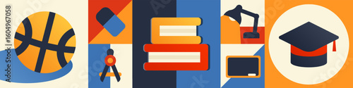 Horizontal back to school banner with geometric flat icons: books, basketball, eraser, lamp, chalkboard, graduation cap, compass. Modern cartoon panoramic education wallpaper in colorful grid layout.