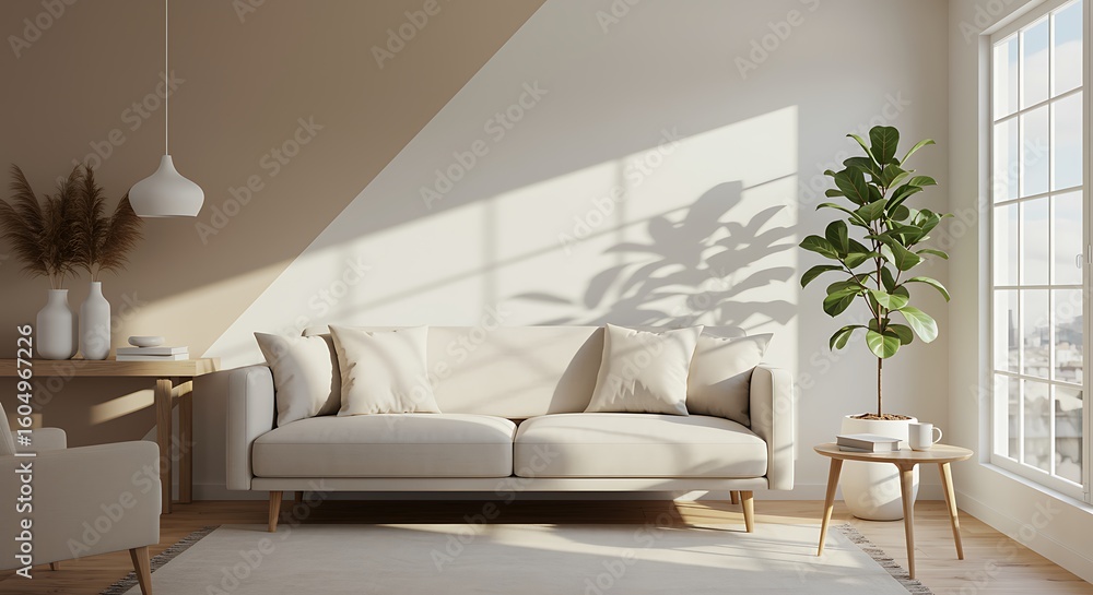 Naklejka premium A contemporary living room interior features a comfortable sofa, modern furniture, and stylish design elements, creating a luxurious and inviting home lounge space