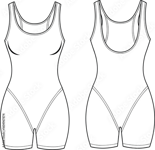Women’s athletic bodysuit flat sketch, technical fashion drawing front and back view, sleeveless workout one-piece garment design template, activewear vector outline illustration.