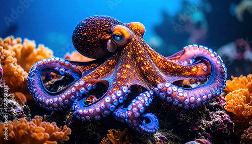 Octopus with Glowing Purple Arms Amidst a Vibrant Coral Garden.
