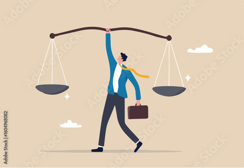 Principles and business ethic to do right things, social responsibility or integrity to earn trust, balance and justice for leadership concept, confident businessman leader lift balance ethical scale