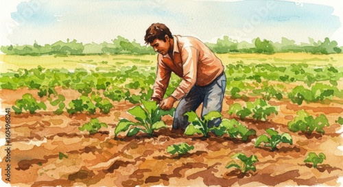 Watercolor Field Worker: Latin American Migrant Farming - A watercolor painting depicts a Latin American migrant worker tending to crops in a field, symbolizing resilience, hard work, immigration,