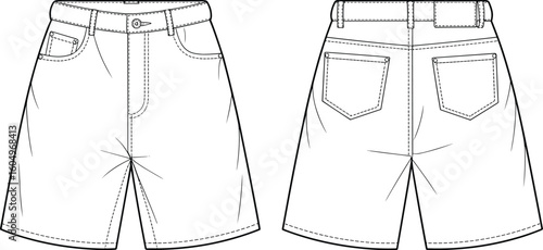 Denim shorts flat sketch front and back view, unisex casual wear fashion template, five pocket style design, technical apparel vector drawing illustration

.