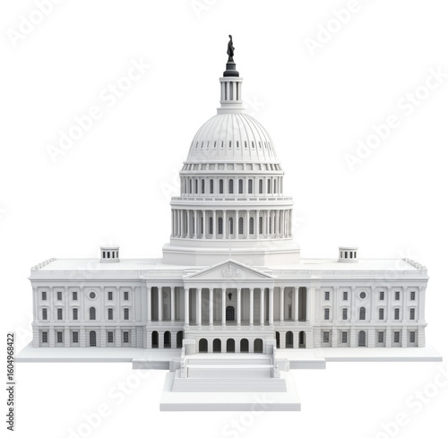 Three dimensional rendering of the us capitol building architecture isolated on transparent background