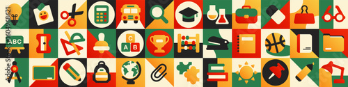 Panoramic banner with vibrant geometric grid mosaic of flat vector school and education icons. Dynamic abstract wide background for banners, flyers, cover. Colorful modern trendy academic illustration