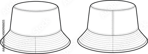 Classic Reversible Bucket Hat Flat Sketch with Stitched Brim and Seamed Crown, Perfect for Casual Headwear and Trendy Accessory Design.