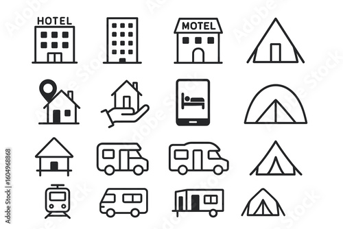 Icons of various accommodation types including hotels, motels, tents, cabins, and rvs