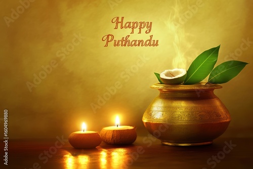Happy puthandu celebration with lit coconut shells and golden pot