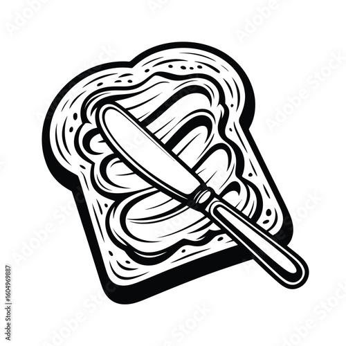 Black and White Toast with Butter and Knife Illustration