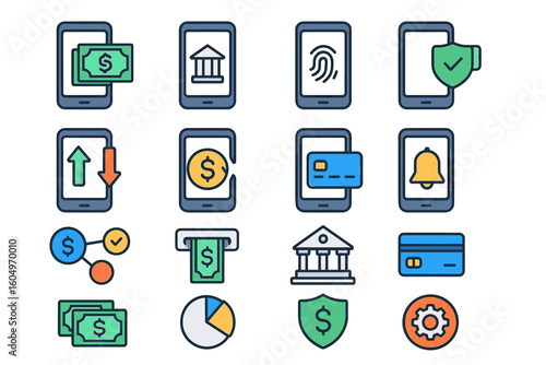 Mobile banking icons: transactions, security, and online payments set