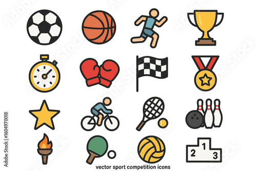 Colorful sport icons: soccer, basketball, running, trophy, timer, boxing, cycling