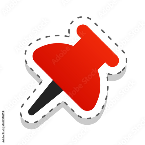  Vector cartoon icon of red push pin in sticker style, used for school boards, notes, reminders or classroom decor. Office pushpin thumbtack sticker for notes and organization. Transparent background