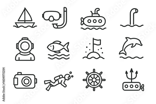 Set of nautical and marine icons: boat, snorkel, submarine, helmet, fish, dolphin, diver