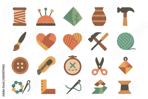 Colorful craft tools and materials: sewing, knitting, pottery, painting, quilting