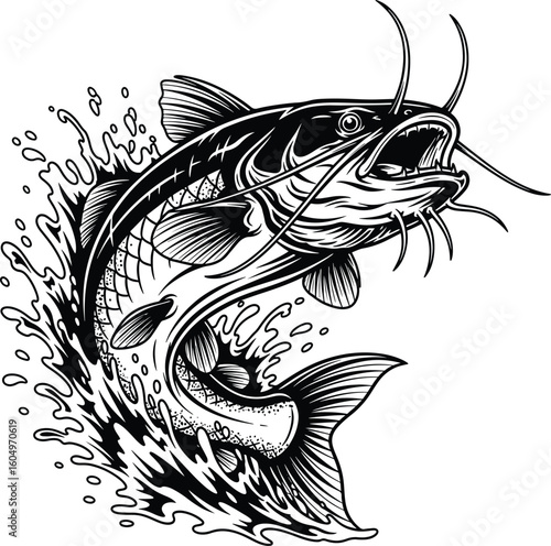 Jumping catfish with water splash. Black and white vector illustration for fishing sport logo.